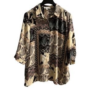 Rose + Olive Top Womens 1X Dark Paisley Sheer Chiffon Button Down Blouse‎ Office